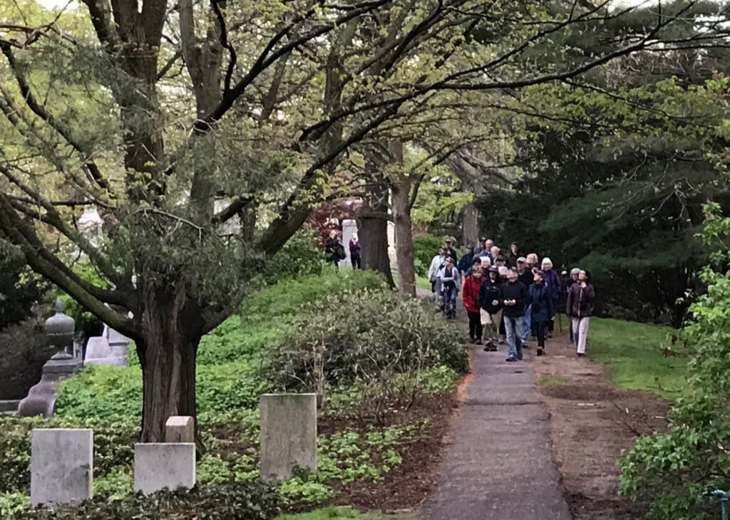 Birders along Indian Ridge at Mt Auburn Cemetery